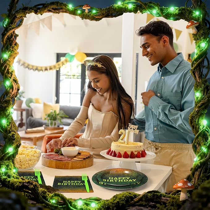 Yungyan 24 Sets Green Moss Pattern Disposable Paper Plates and Napkins Forks Plants Nature Green Ogre Themed Birthday Party Tableware Set Dinnerware for Women Men