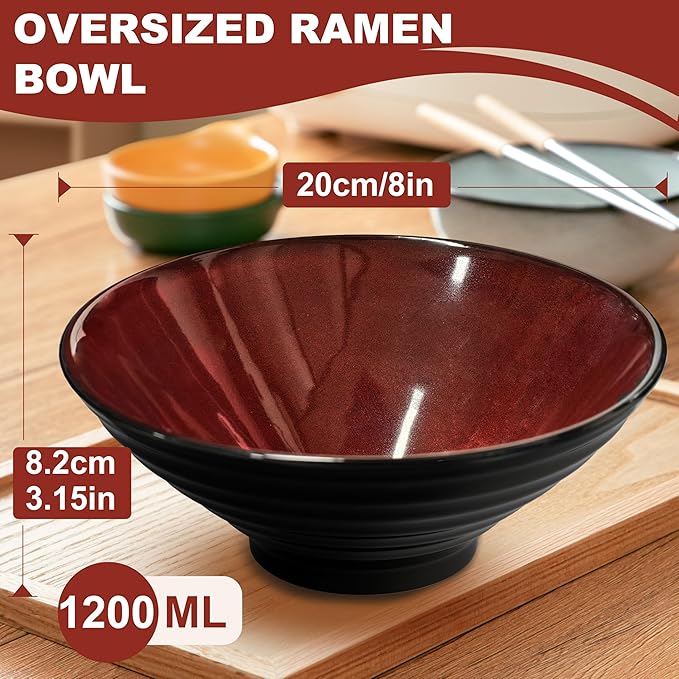 8-Inch 4 Sets Ceramic Ramen Bowl (16 Piece) - Japanese Porcelain Dishwasher Microwave Safe Salad Noodles Cereal Pasta Soup Large Bowls with Chopsticks Forks Spoons for Men Women Housewarming Gift