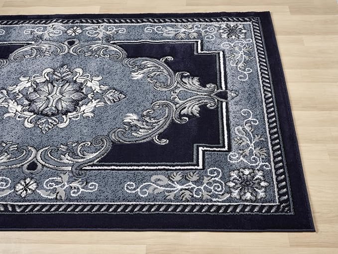 Modern 8 x 10 Rug for Living Room - Navy Oriental Large Area Rugs for Living Room, Dining & Bedroom - Hand Carved Runner Carpet - Durable Polyester - Non-Fade, Stain-Resistant - Turkish Made