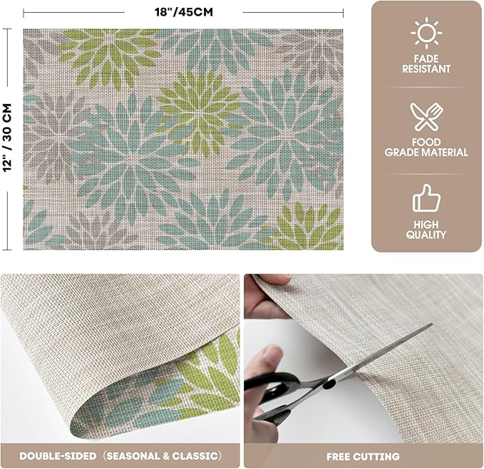 Artoid Mode Floral Vinyl Placemats Set of 4, Heat Resistant Washable Non-Slip Plistic PVC Place Mats for Party Kitchen Dining Decor, Sage