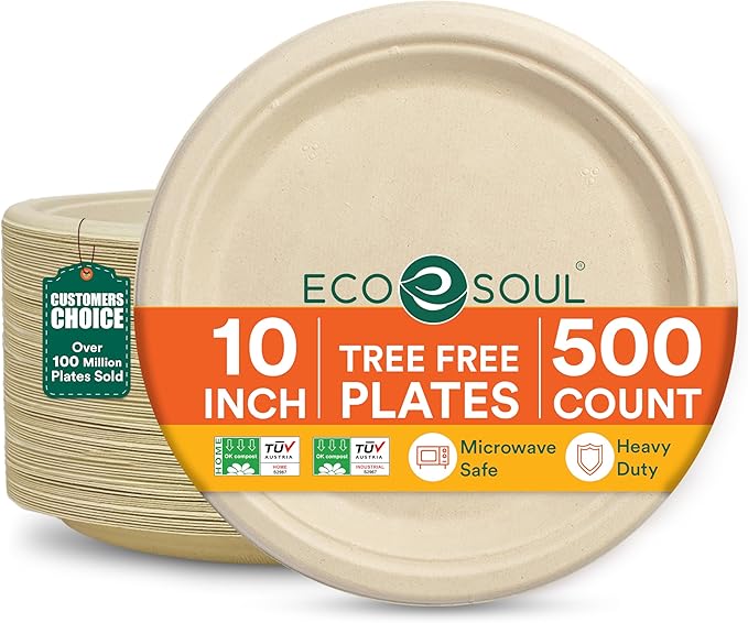 ECO SOUL 100% Compostable Paper Plates 10 Inch [500-Pack] Biodegradable Heavy Duty Eco-Friendly Disposable Plates for Dinner, Parties, Wedding & Event