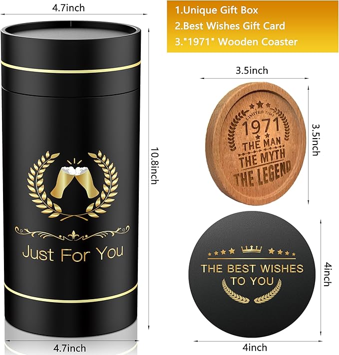 55th Birthday Beer Glasses Gifts, Personalized '1971' Vintage Glass Ware Set for Men, Black Gift Package with Drinking Glass, Coaster, and Card for 55 Years Old Man
