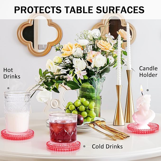 Modern Glass Coasters, GOH DODD Set of 6 Crystal Coasters Tabletop Protection for Drinks, Home Decor, Kitchen, Living Room, Patio, Wedding, Party, Housewarming Gifts, Clear Red