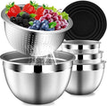 Mixing Bowls with Lids Set, Stainless Steel Mixing Bowls with Colander, Strainer with Mixing Bowl Set, Kitchen Gadgets Bowl Christams Gift, Size 4.5, 2.5, 2, 1.5QT - Black