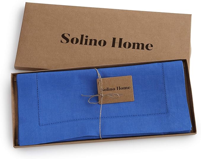 Solino Home Linen Royal Blue Table Runner 90 Inches Long - 100% Pure Linen 14 x 90 Inch Table Runner for Spring - Classic Hemstitch