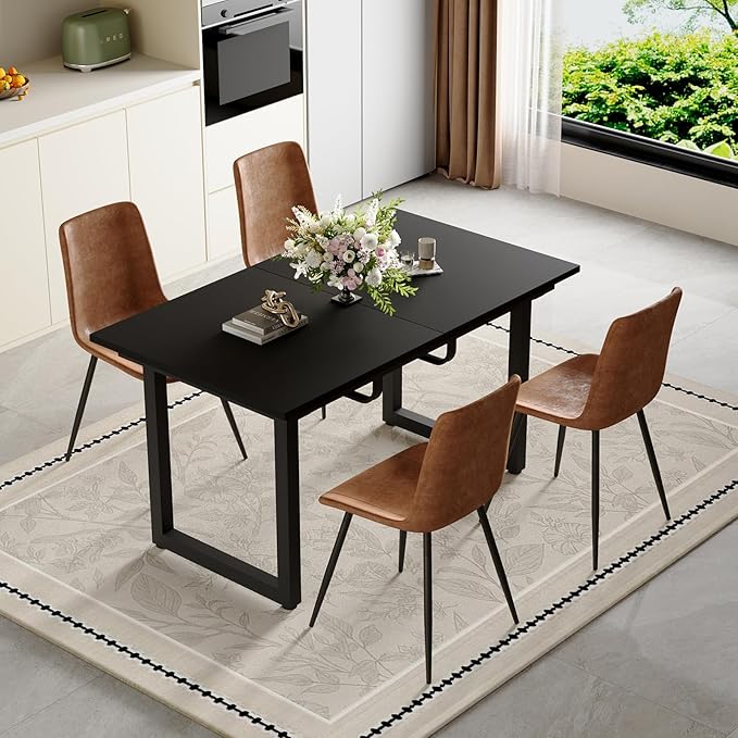 Extendable Dining Table Set for 4, 55"–71" Modern Black Kitchen Table with 4 Upholstered Chairs, Space-Saving for Living Room Apartment, Sturdy & Comfortable, Easy Assembly