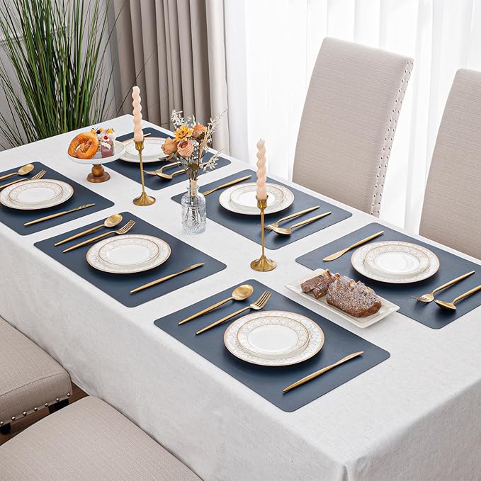 SHACOS Placemats Set of 6 Faux Leather Waterproof Leakproof Wipeable PU Non-Slip Vinyl Place Mats Heat Resistant Table Mats for Kitchen Dining Table Indoor Outdoor, Navy Blue