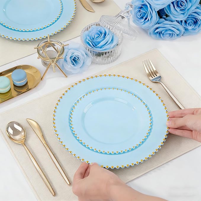 EI 60pcs Blue Plastic Plates,Dispoable Heavy Duty Plastic Plates with Gold Rim,Baby Blue Dessert/Dinner Plate,Fancy Elegant Plate for Party,Birthday,Afternoon Tea
