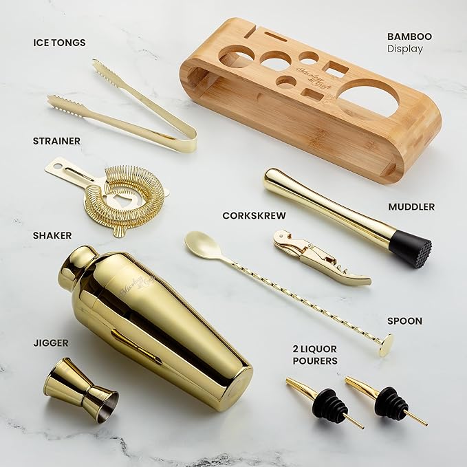 Mixology & Craft Cocktail Shaker Set with Bamboo Stand - Professional 18oz 10-Piece Bartender Kit - Complete Bar Set & Cocktail Mixer Kit for Home (Gold)