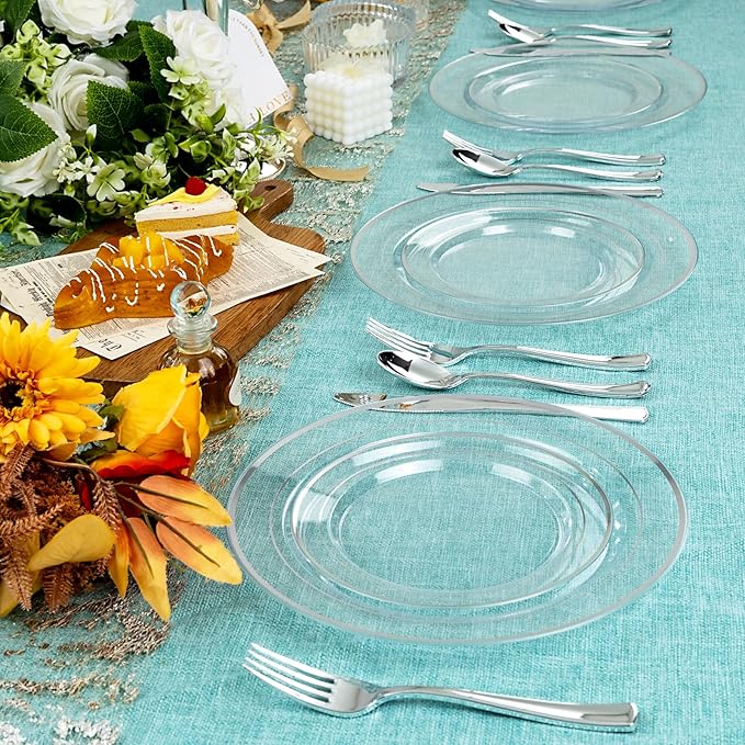 I00000 60PCS Silver Plastic Plates, Clear Plates with Silver Rim 10 Inch, Ideal for Weddings, Parties,Birthday