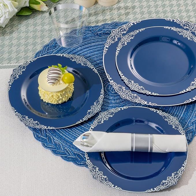 700PCS Navy Blue Plates for 100 Guests, Disposable Dinnerware Sets Include 100 Plastic Plates, 100 Silverwares, 100 Cups, and 100 Pre Rolled Napkins for Party, Wedding and Graduation