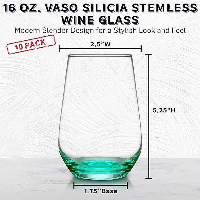 DISCOUNT PROMOS 10 Vaso Silicia Stemless Wine Glasses Set, 16 oz. - Clear, Orb-Like, Thick base - Green