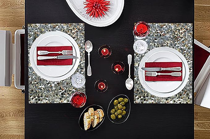 Silver Heat Resistant Square Placemats - Set of 6 with Rhinestone Decor and Sparkly Bling