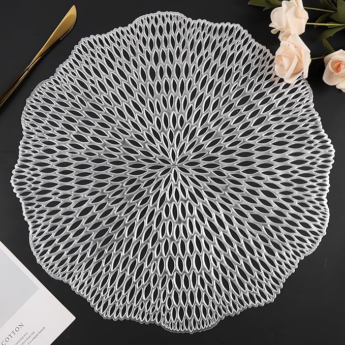 Round Placemats Set of 6, Hollow Out Table Mats Washable Wipeable Vinyl Place Mats for Wedding Party Kitchen Decorations