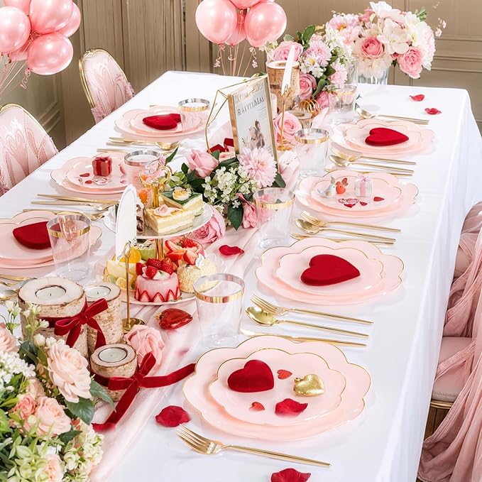 EI 180pcs Pink Plastic Plates with Gold Plastic Silverware,Party Plates Disposable,Pink Dinnerware Set for Afternoon Tea,Wedding,Birthday,Easter,Spring,Mother's Day,Valentine's Day