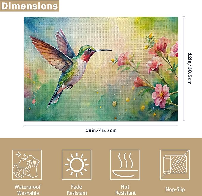 Table Placemats Set of 6, Waterproof Linen Fabric, Non-Slip Backing & Easy Clean, Elegant Dining Table Protectors for Family and Guests(Watercolor Hummingbird Flowers)