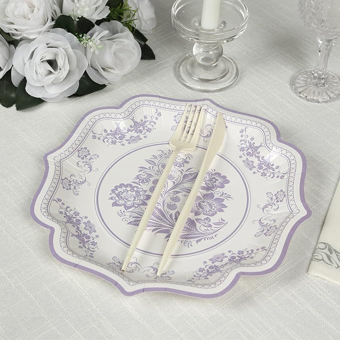 50 Pack 8" White Lavender Lilac French Toile Dessert Plates, Disposable Round Paper Floral Pattern Appetizer Salad Plates 300 GSM for Party Decoration