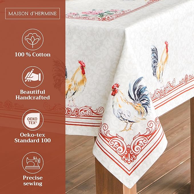Maison d' Hermine Table Cloth Rectangle Table 100% Cotton 60 x 90 Inches Tablecloth Reusable Decorative Everyday Use for Dining Room, Farmhouse, Home, Party, Festive & Wedding Spring Summer - Campagne