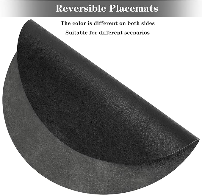 Round Placemats and Coasters Set of 8, Washable Reversible Faux Leather Placemats Cowhide Pattern Place Mats Wipeable Non-Slip 15 inch Round Kitchen Dining Table Mats (Gray Black, 8)