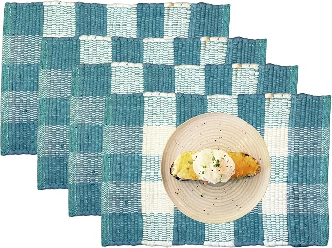 Perilla Home Cotton Placemat Set of 4 Table Mats for Kitchen Dining Home Decor Vintage Boho Rectangle Placemats (Teal and White 13"x19")