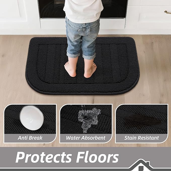 BEQHAUSE 30x18 Inch Kitchen Rug Mat Durable Kitchen Rugs Non-Slip Washable Absorbent Kitchen Mats for Floor Dirt-Resistant Semicircular Kitchen Mat (Black)