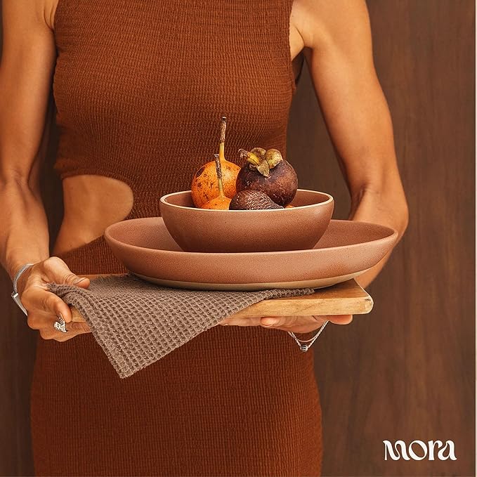 MORA Jumbo and Large Bowls Set of 2, 2.5 and 1.5 Qt Ceramic Pottery Mixing Bowls - Microwave and Dishwasher Safe - Terracotta & Peppercorn
