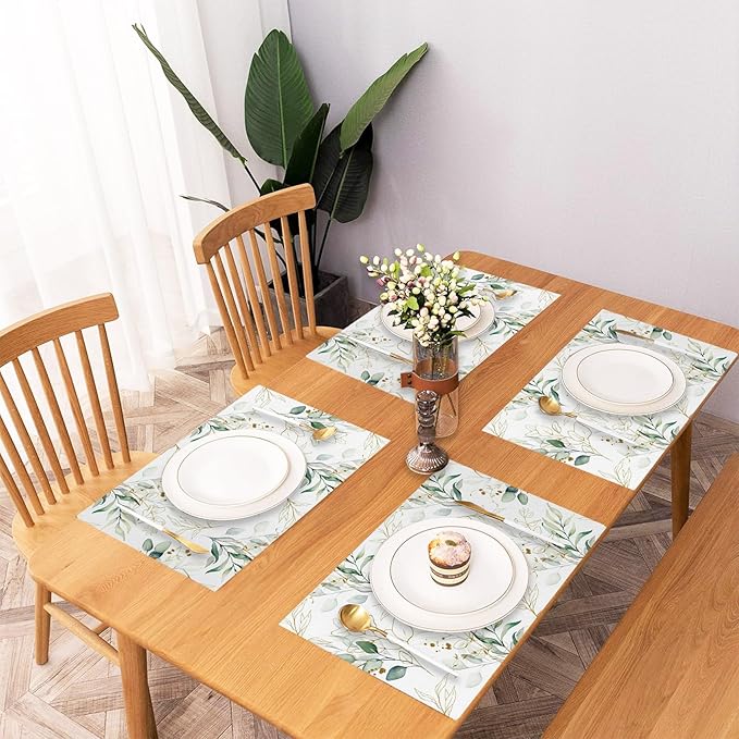 Leaves Printed Placemats Set of 4 Watercolor Sage Green Gold Branch Place Mats Washable Rectangular Spring Table Mats for Party Home Kitchen Restaurant Dining Table Decor 12x18 Inch
