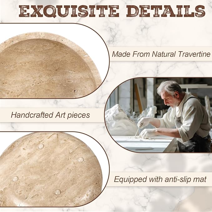 LemonRoad Travertine Decorative Bowl 7.8"x 2" Marble Round Stone Bowl for Entryway Key, Fruit, Kitchen Counter, Dining Table Centerpiece, Office Decor(Beige)