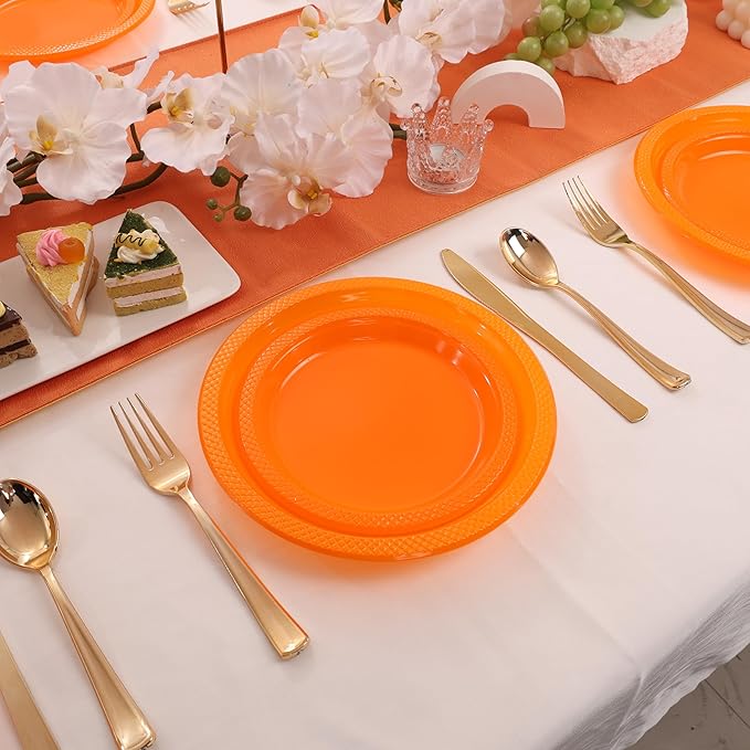 WELLIFE Orange Party Plates 9 Inch -150 Count, Plastic Disposable Dinner Plates for Party Easter Picnic BBQ Wedding Engagement Birthday