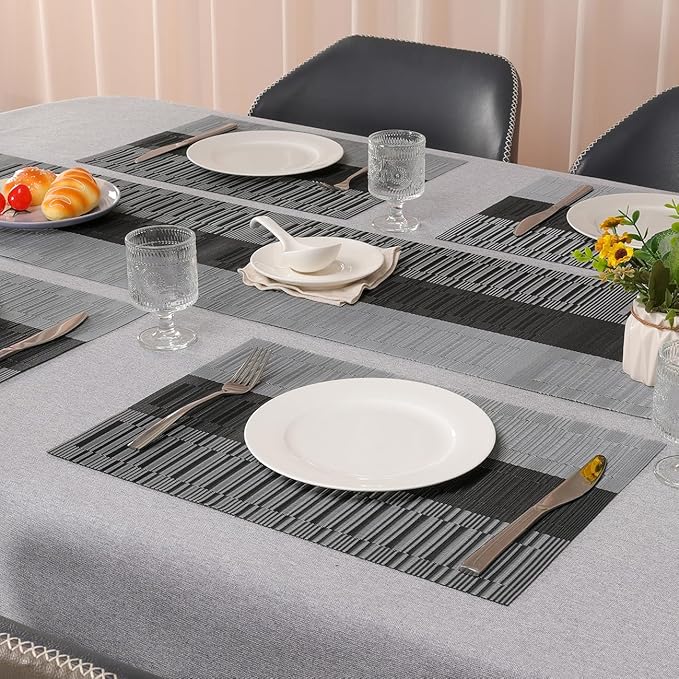 Placemats Set of 8, Vinyl Woven Place Mats Indoor Set of 8 Washable Wipeable PVC Table Mats Heat-Resistant Non Slip Plastic Placemat for Kitchen Dining Outdoor Table (Gray Black, Set of 8)