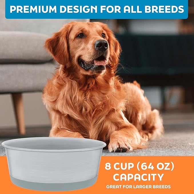 Master Pet Supply Stainless Steel Dog Bowls Set of 2 with Extra Thick Silicone Base - 8 Cup (64 oz) Graphite, Non-Slip, Dishwasher Safe Metal Bowls, Pet Dog Food Bowl for Dogs, Cats, Anti Rust