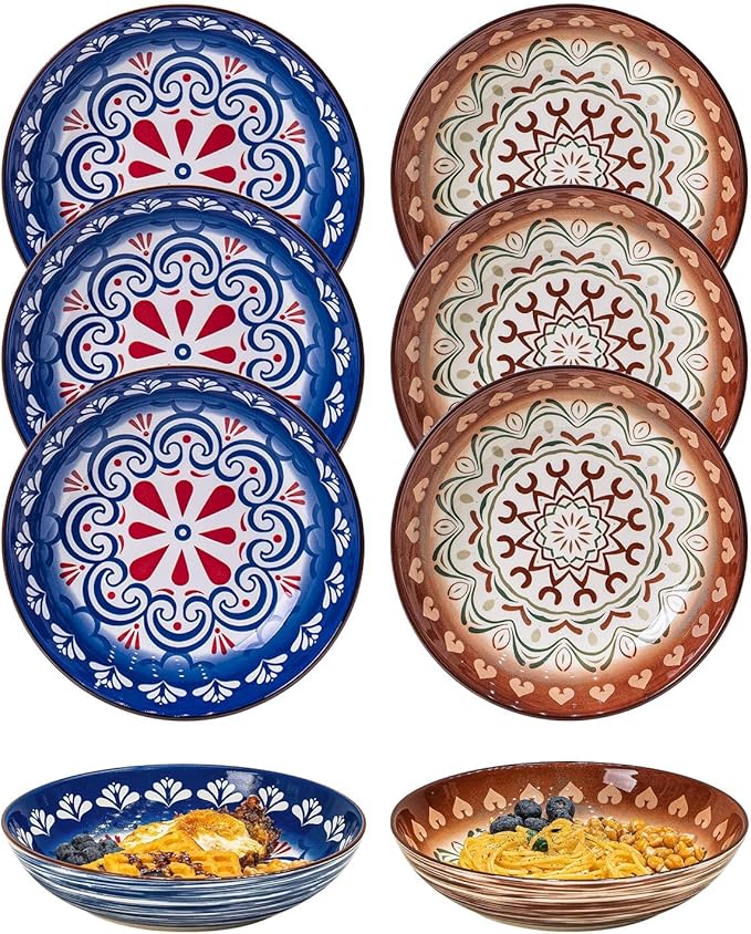 Yeacccng Pasta Bowls Set of 6, 35 Oz Ceramic Large Salad Bowl, 8.5 Inch Colorful Serving Bowls for Kitchen, Dishwasher & Microwave Safe, Scratch-Resistant, Lead-Free (Brown*3 + Blue*3)