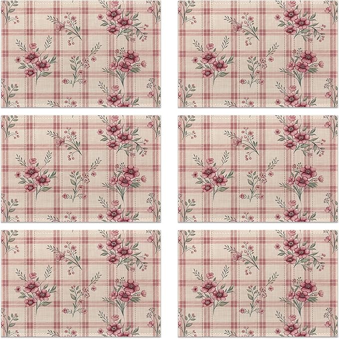 Colorful Floral Spring Plastic Placemats Set of 6 Cute Flowers Pink Place Mats Washable Kitchen Dining Linen Table Mats Stain Heat, for Home Party Indoor 12x18 in