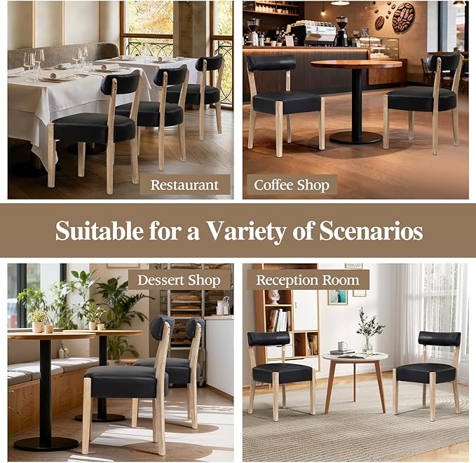 Modern Black Dining Chairs Set of 4 – Mid-Century Modern Faux Leather Upholstered Kitchen & Dining Room Chairs with Curved Back, Oversized Rounded Seat, and Sturdy Wood Frame
