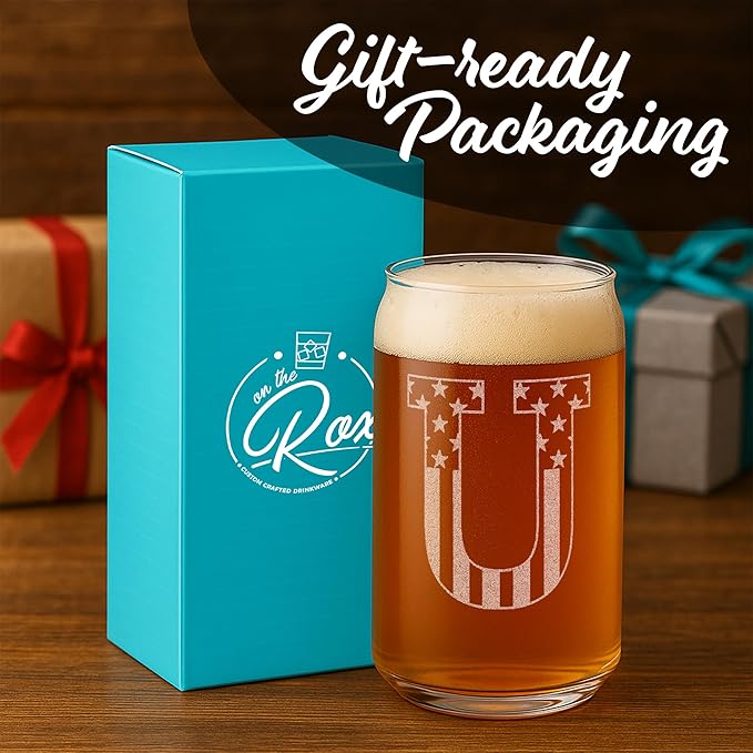 Monogram Beer Glasses for Men (A-Z) 16 oz - Beer Gifts for Men Brother Son Dad Neighbor - Unique Gifts for Him - Personalized Drinking Gift Beer Glass Mugs - Engraved Beer Can Glass (U)