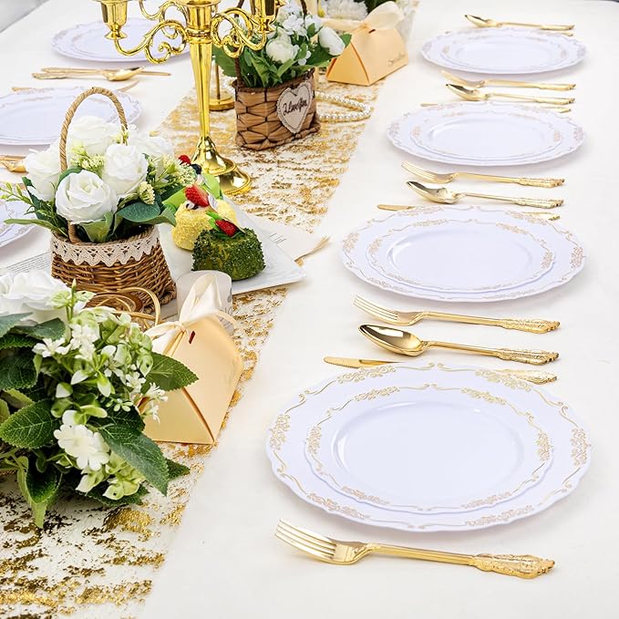 DaYammi 60PCS White and Gold Plastic Plates, Gold Rim Plates Disposable Heavy Duty Disposable Plate Premium 10inch White Dinner Plate Hard Plastic Platos for Party Wedding Bridal Shower