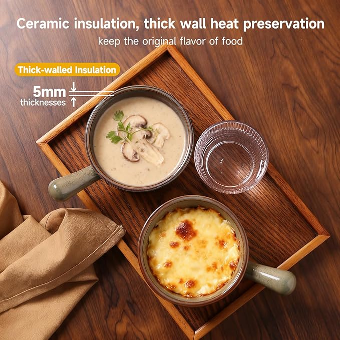 MONITO 16 Oz French Onion Soup Bowls, Ceramic Soup Bowls with Handles, Stackable Soup Crocks Oven Safe for Chili, Beef Stew, Cereal,Casseroles Microwave & Dishwasher Safe, Set of 4, Olive Green