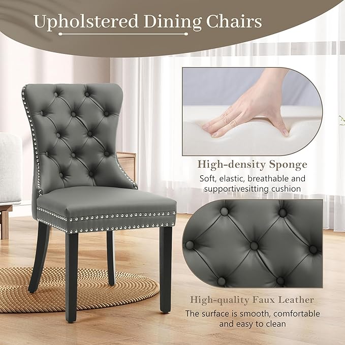 KCC Faux Leather Dining Chairs Set of 6, Upholstered High-end Tufted Dining Room Chair with Nailhead Back Ring Pull Trim Solid Wood Legs, Contemporary Nikki Collection Modern Style for Kitchen, Gray