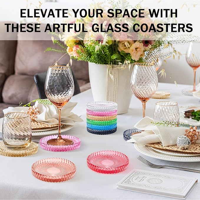 Vintage Glass Coasters, GOH DODD Set of 8 Crystal Coasters Tabletop Protection for Drinks, Home Decor, Kitchen, Living Room, Patio, Wedding, Party, Housewarming Gifts, Mixed Colors