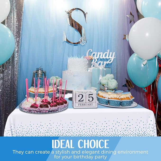 Breling 24 Packs Baby Blue and White Disposable Plastic Tablecloths and Satin Table Runner Set, 54 x 108 Inch Tablecloth, 12 x 108 Inch Table Runners for Wedding Graduation Birthday Baby Shower