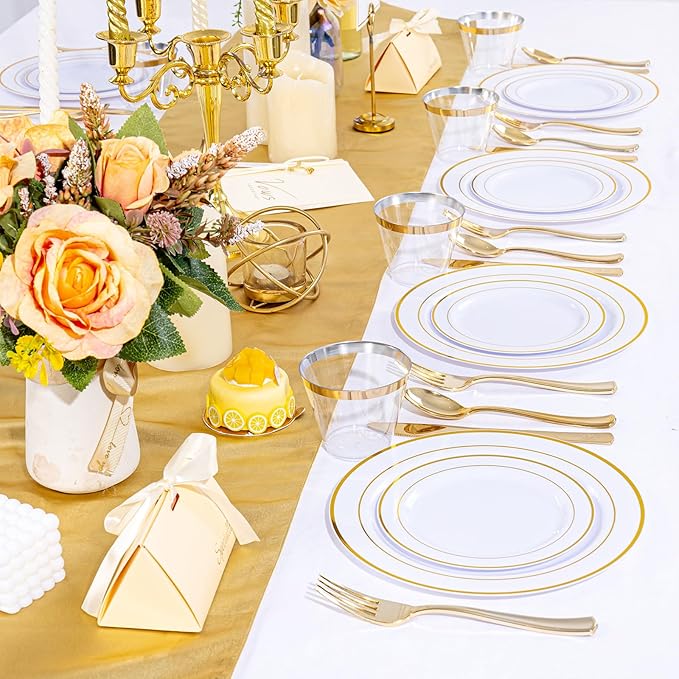 WELLIFE Gold Disposable Dinnerware Set for 100 Guests - 600PC BPA-Free Plastic Plates & Cutlery Kit with 100 Dinner Plates, Salad Plates, Forks, Knives, Spoons & Cups for Party, Catering (Heavy-Duty)