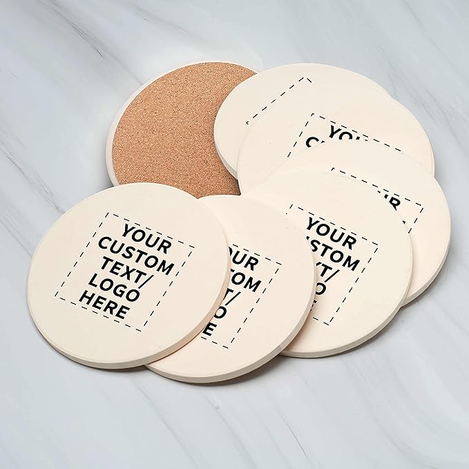 DISCOUNT PROMOS Custom Ceramic Coasters Set of 100, Personalized Bulk Pack - 4 Inches with Cork Bottom Pad, Perfect for Hotel, Bar, Restaurant - Natural