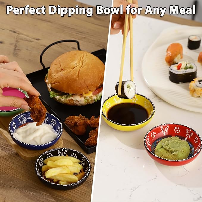 Ceramic Small Dipping Bowls Set of 6, 2.5 Oz Soy Sauce Dish, Handmade Charcuterie, Colorful Pinch, Dishwasher & Microwave Safe Sauce, Mini (BLOOM ARRAY)