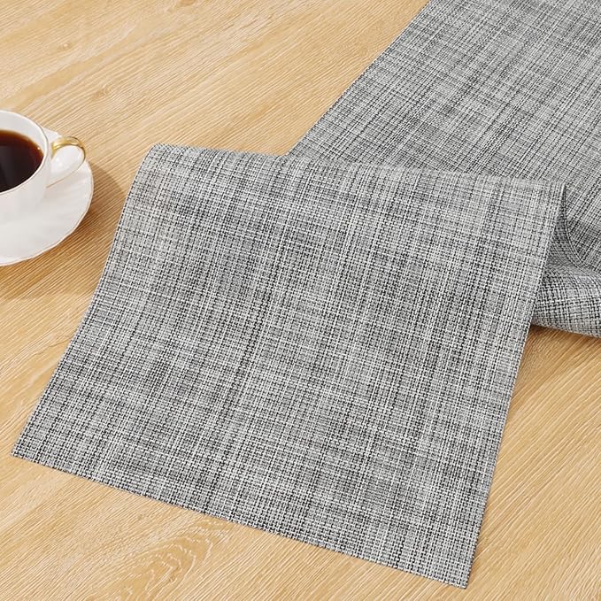 SHACOS Woven Vinyl Table Runners 12 x 54 inch Wipe Clean PVC Weave Table Runners Heat Resistant Runner for Table Indoor Outdoor, Gray White