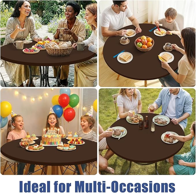 Round Spandex Tablecloth 2 Pack, Elastic Fitted Waterproof Tablecloths for 45"-56" Tables, Stretch Washable Picnic Table Cover for Camping, Dining, Indoor and Outdoor, Coffee