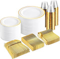 bUCLA 600Pcs White and Gold Plastic Plates - Gold Disposable Dinnerware Set for 100 Guests Include 100 Dinner & 100 Dessert Plates, 100 Cups, 100 Forks, 100 Spoons, 100 Knives for Party