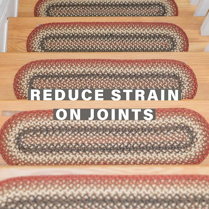 Homespice Chester Jute Braided Stair Treads for Wooden Steps, Country Cabin Decor, Set of 13, Red 8x28 Rectangle Rug for Stairs - Easy to Clean, Tightly Stitched and Durable
