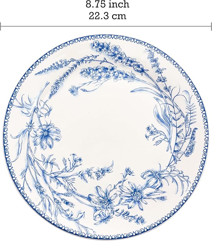 Bico Blue Garden Toile De Jouy Salad Plates Set of 4, 8.75 Inch Ceramic Dessert Plates for Salad, Appetizer, Side Dishes, Microwave and Dishwasher Safe, Gift for Housewarming and Thanksgiving