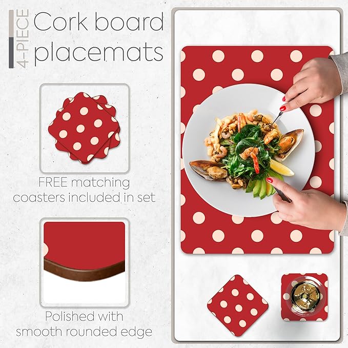 Set of 4 Heat Resistant Cork Placemats for Dining Table with Free Set of 4 Matching Drink Coasters Cream & Red Polkadot Design 16 x 12 Inches Cork Backed Hard Placemats (Red Polkadot)