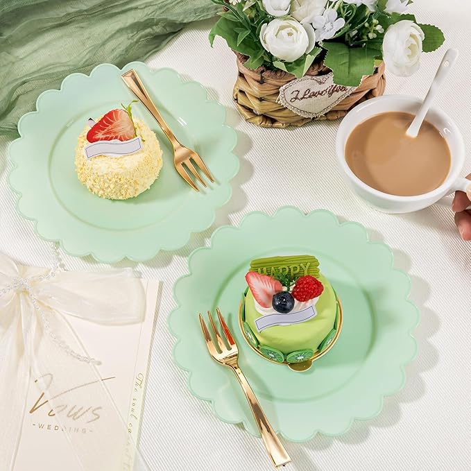 LIYH 200 Pcs Sage Green Plastic Disposable Plates and Gold Forks 7.5 Inch Scalloped Dessert Appetizer Plates, Cake Forks 5" for Wedding Party
